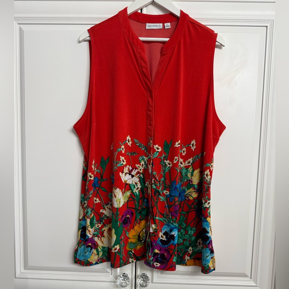 Susan Graver Women's Sz XL Button Front Red Floral Print Sleeveless Swing Tunic